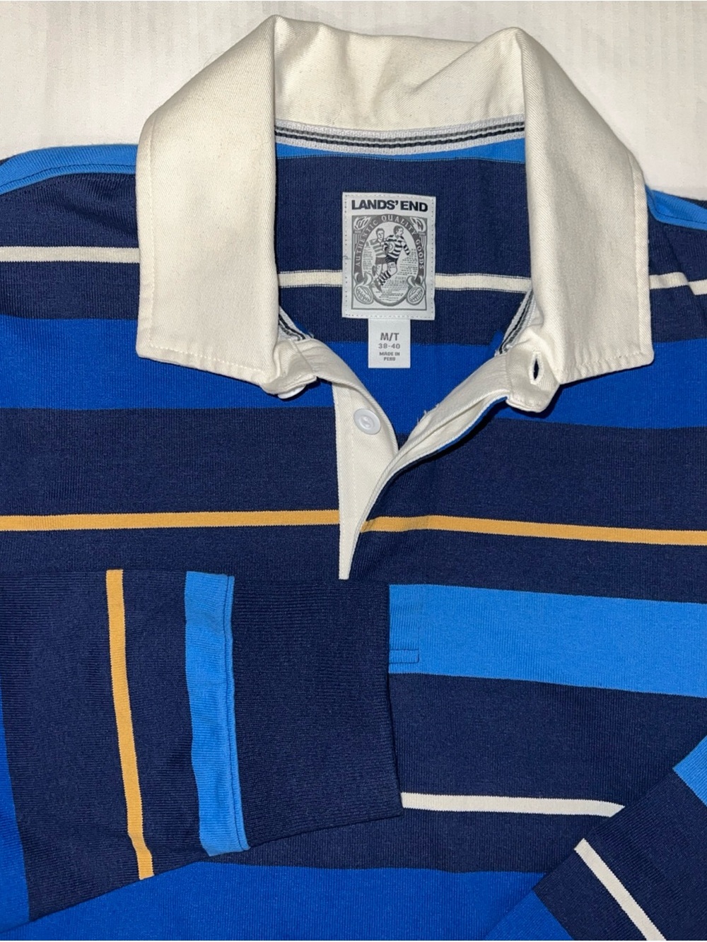 Lands' End Navy, Bright Blue & Yellow Striped Rugby Polo